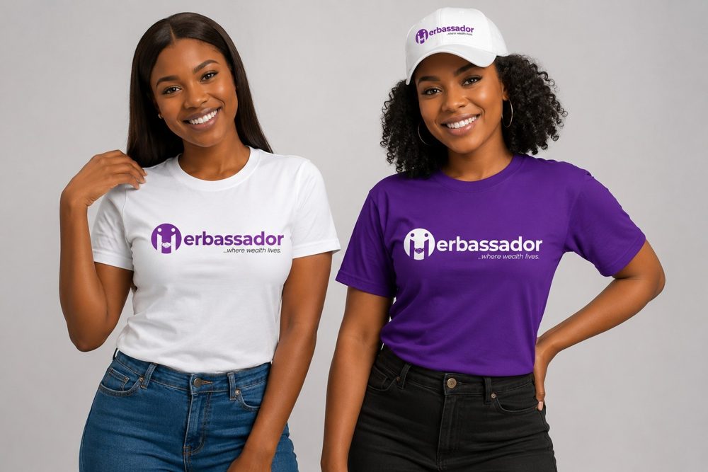 Two smiling women wearing Herbassador branded apparel